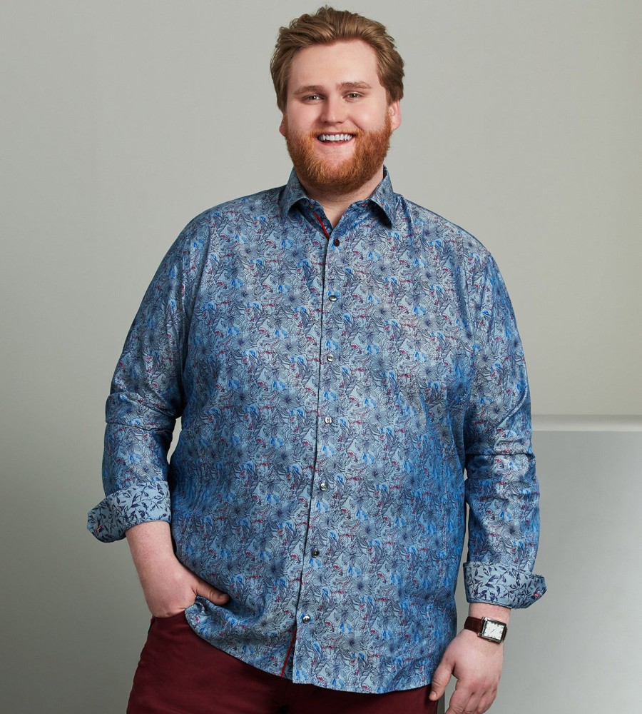 Tops Jermyn u0026 Bond | Non-Iron Floral Long Sleeve Sport Shirt Blue