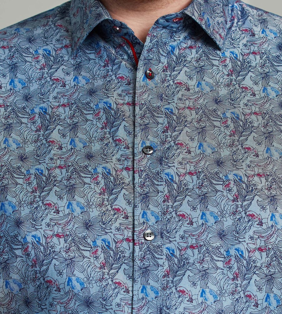 Tops Jermyn u0026 Bond | Non-Iron Floral Long Sleeve Sport Shirt Blue