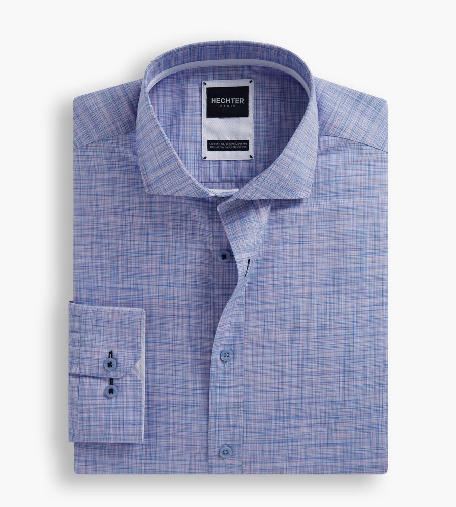 Tops Hechter Paris | Modern Fit Non-Iron Crosshatch Dress Shirt Blue