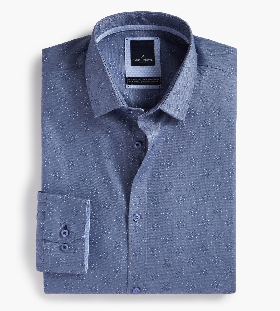 Tops Hechter Paris | Modern Fit Non-Iron Geo Print Dress Shirt Blue