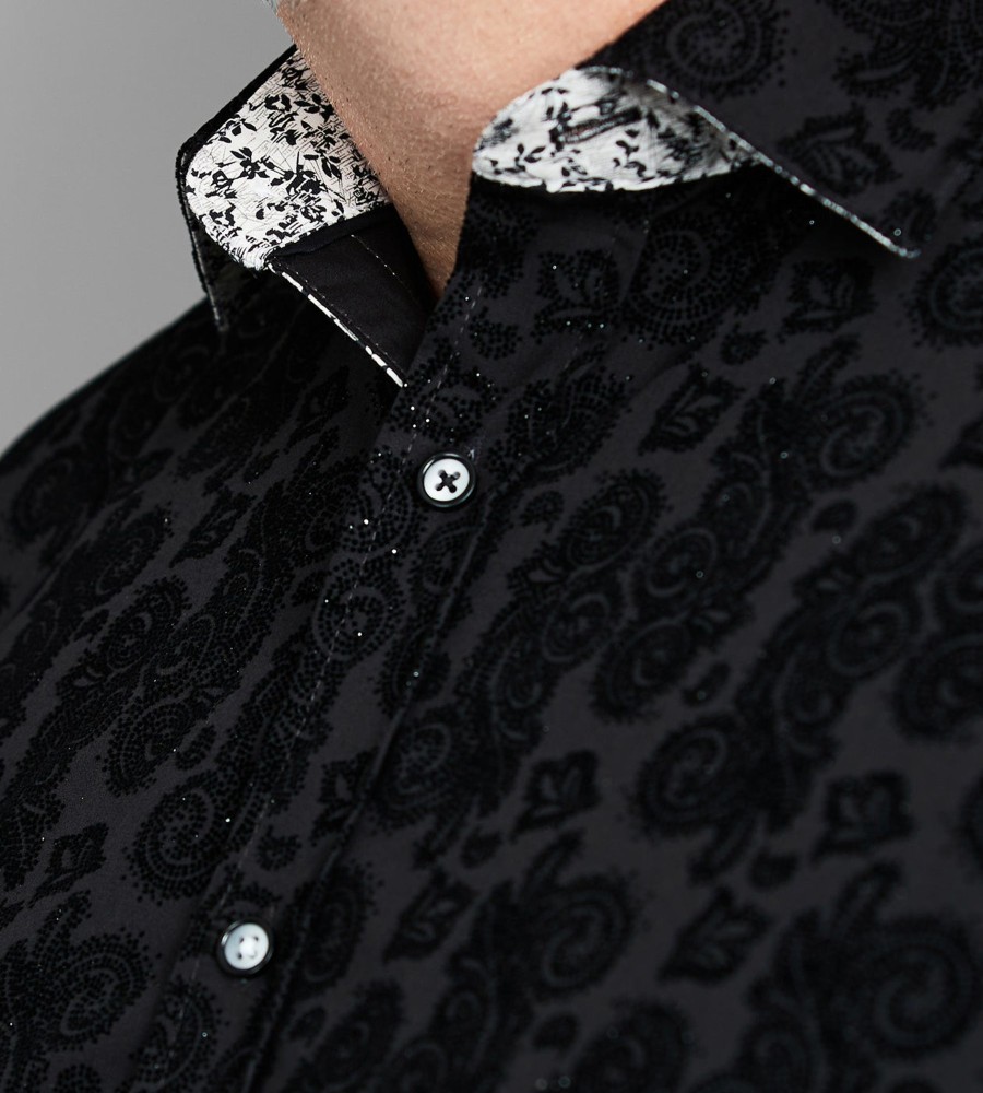 Tops Jermyn u0026 Bond | Flocking Print Long Sleeve Sport Shirt Black