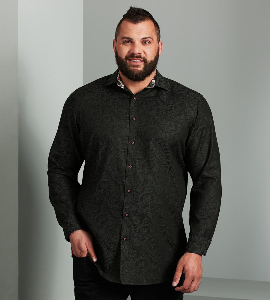 Tops Jermyn u0026 Bond | Non-Iron Jacquard Paisley Long Sleeve Sport Shirt Black