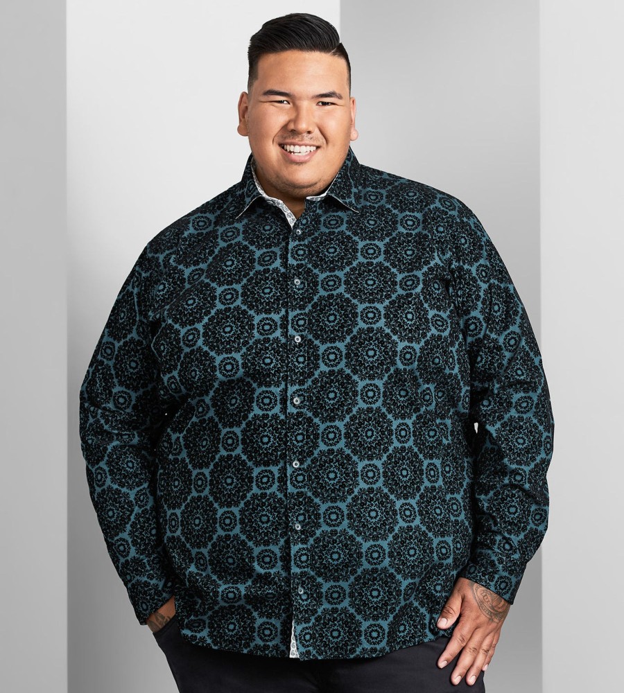 Tops Jermyn u0026 Bond | Flocking Print Long Sleeve Sport Shirt Teal