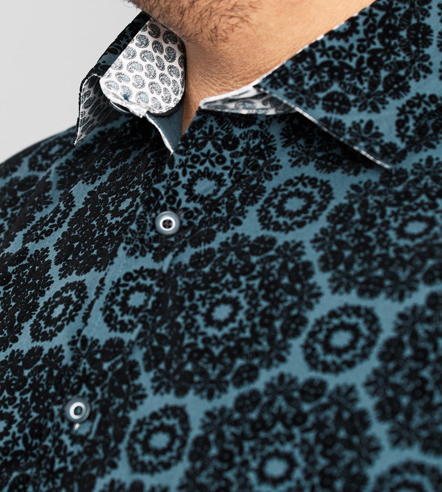 Tops Jermyn u0026 Bond | Flocking Print Long Sleeve Sport Shirt Teal