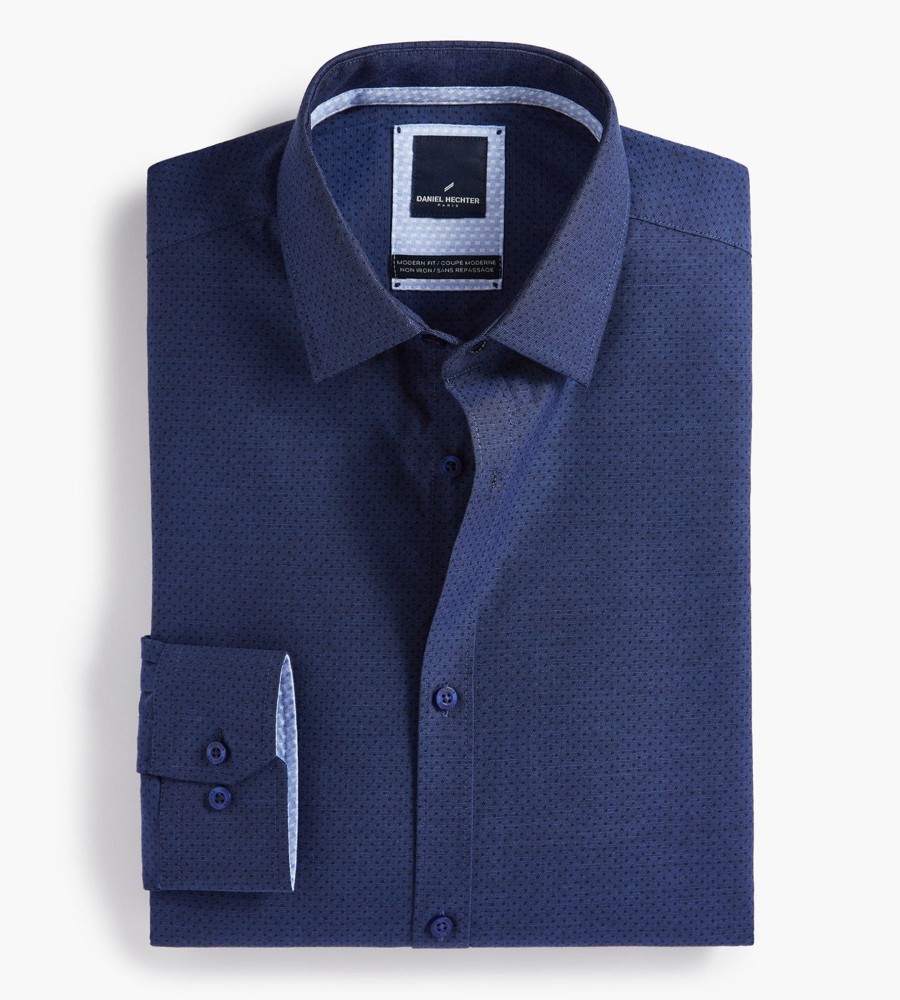 Tops Hechter Paris | Modern Fit Non-Iron Dot Dress Shirt Navy