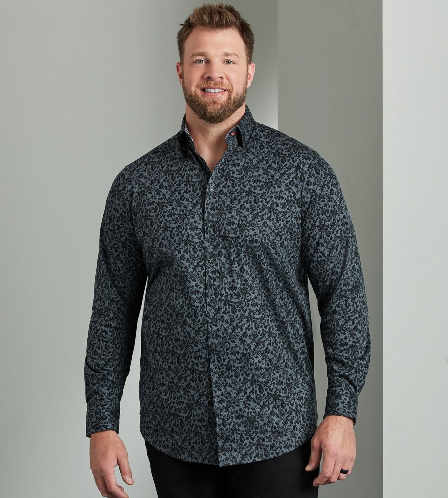 Tops Hechter Paris | 360° Stretch Tonal Print Long Sleeve Sport Shirt Black