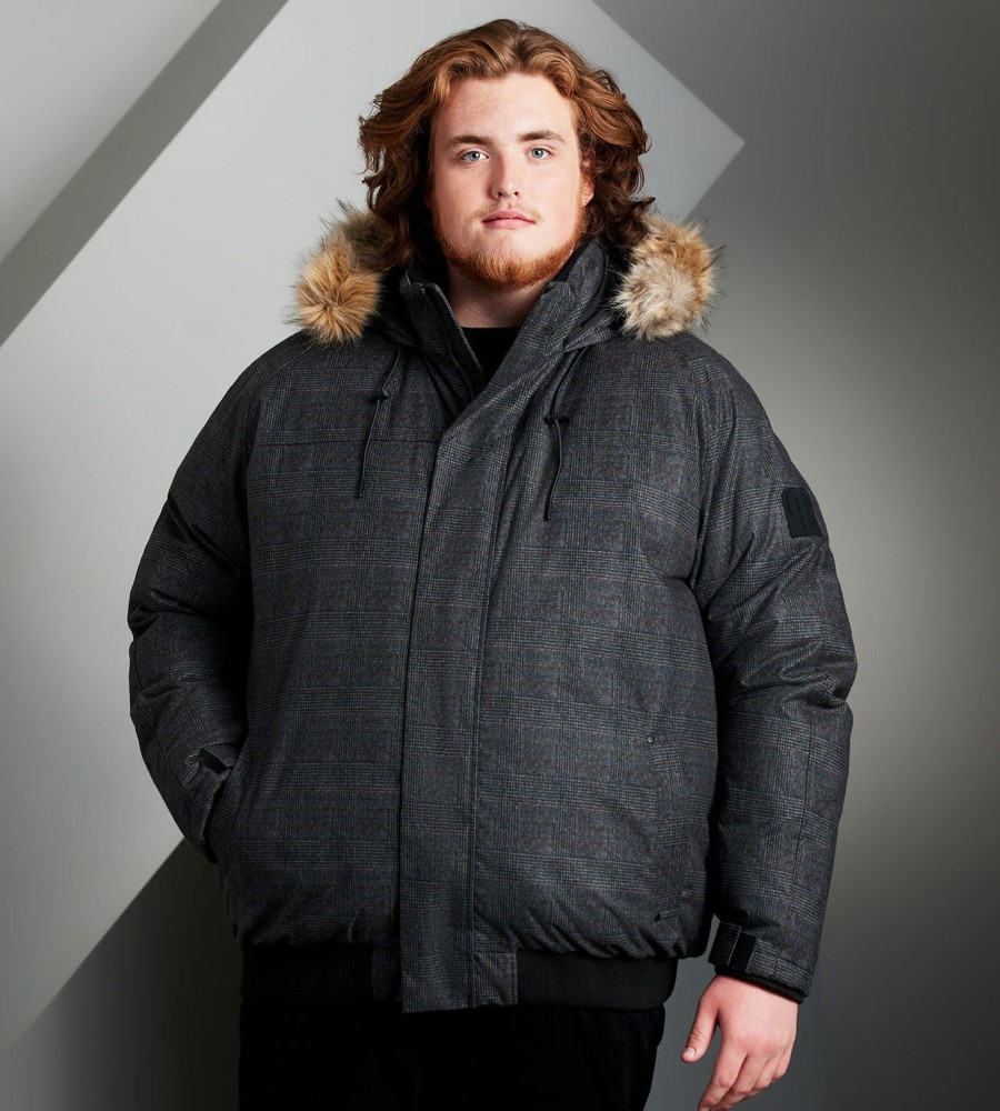 Outerwear Projek Raw | Hooded Plaid Puffer Bomber Grey